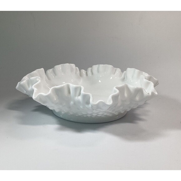 Vintage Fenton White Hobnail Milk Glass Crimped Candy/Nut Dish 8" - Picture 1 of 6